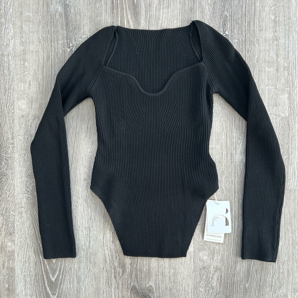 Commense Sweetheart Black Ribbed Off-Shoulder Sweater Top Long Sleeve